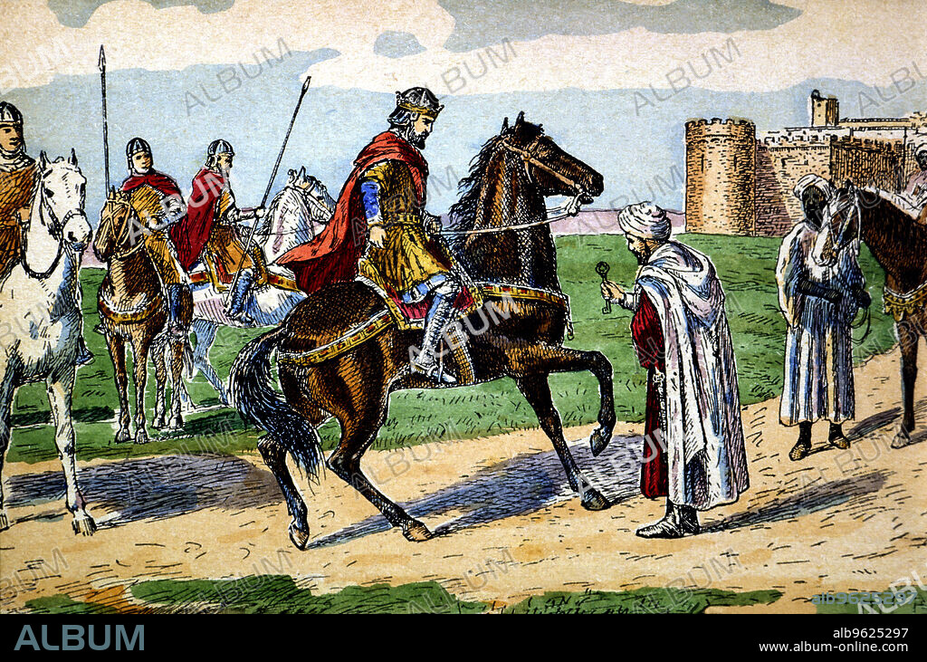 Conquest of Zaragoza in 1118 by the troops of Alphonse I the Battler, drawing.