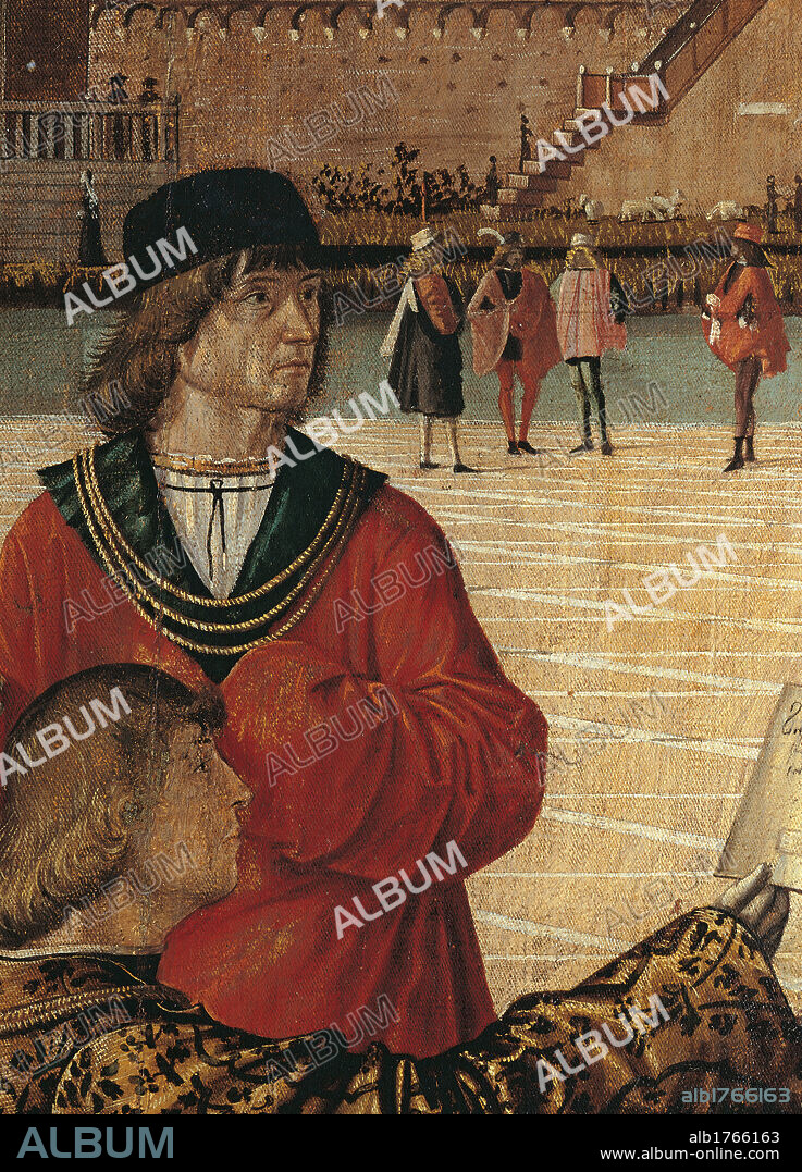 Legend of St Ursula. The Arrival of the English Ambassadors (at the court of Brittany), by Vittore Carpaccio, 1499 post, 15th Century, oil on canvas, cm 275 x 589. Italy, Veneto, Venice, Accademia Art Galleries, cat. 572. Detail. Ambassadors red cloak necklace threads headgear headdress cap face kneeling man sleeve damask red black white letter background figures palace staircase. Authorization required for non editorial use.