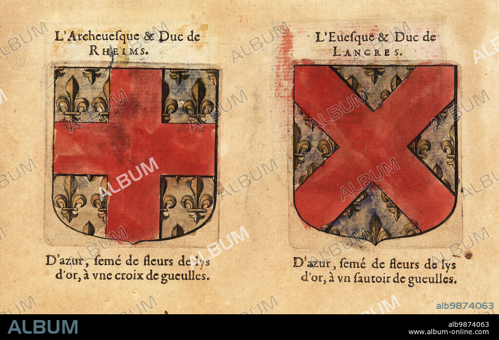 Coats of arms of the Archbishop and Duke of Rheims, with red cross on blue field with gold fleurs-de-lys, and the Bishop and Duke of Langres, Reims, with red saltire on blue field of gold fleurs-de-lys. LArchevesque & Duc de Rheims, lEveque & Duc de Langres. Handcoloured woodblock engraving from Hierosme de Baras Le Blason des Armoiries, Chez Rolet Boutonne, Paris, 1628.