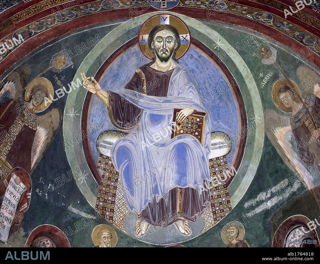 ARTE BIZANTINO. ITALIA (S. XI). Detalle del fresco de la bóveda de la CAPILLA DE SAN ELDRADO Y SAN NICOLAS (s. XI), donde aparece representado CRISTO "PANTOCRATOR" rodeado de los arcángeles GABRIEL y MIGUEL y de los santos NICOLAS y ELDRADRO. Abadía Benedictina de Novalesa. Provincia de Turín. Italia.