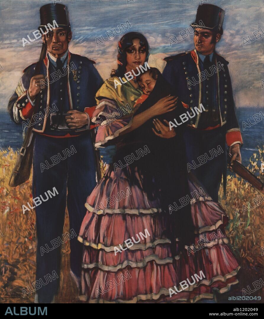 DANIEL VAZQUEZ DIAZ. Reproducción de la obra "Mozos de Escuadra conduciendo a una gitana" (1930). Pintura de Daniel Vázquez Díaz (1882-1969), pintor andaluz.