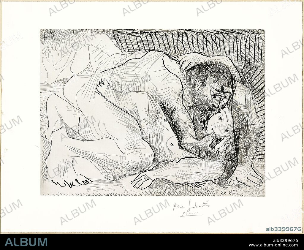 Pablo Picasso / 'The Hug II', 1963, Etching, scratching and drypoint on patterned copper plate on paper, 42,7 x 57 cm, MPB 70.415.