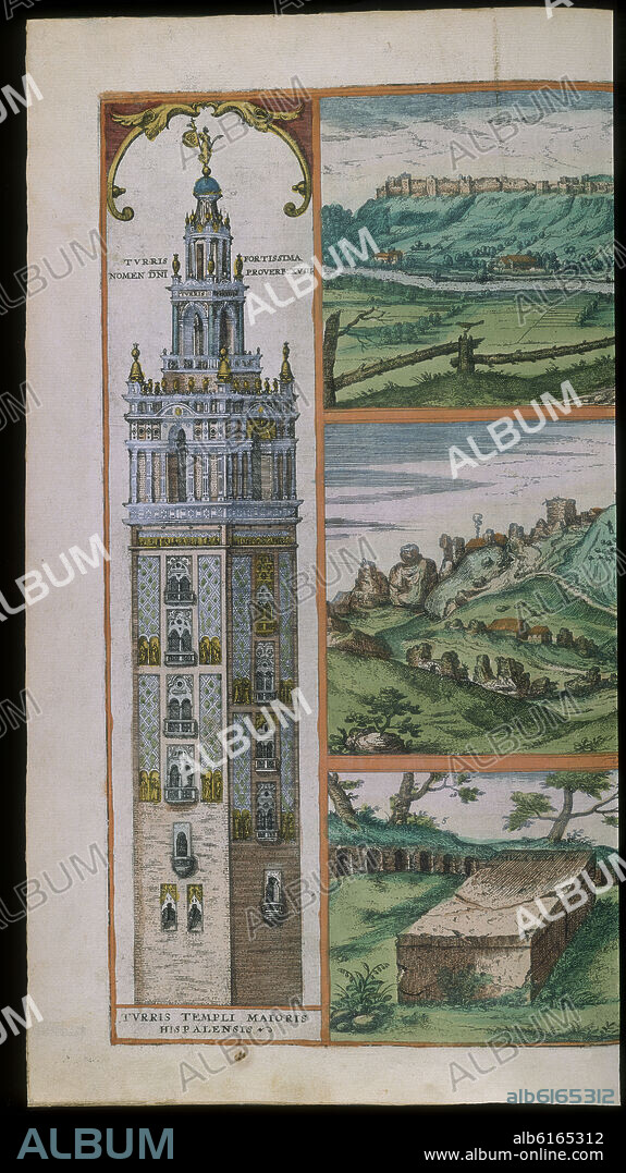 GEORG BRAUN 1541-1622 / FRANS HOGENBERG. CIVITATES ORBIS TERRARUM - VISTA DE SEVILLA Y SUS MURALLAS - DETALLE DE LA GIRALDA - GRABADO - 1565.