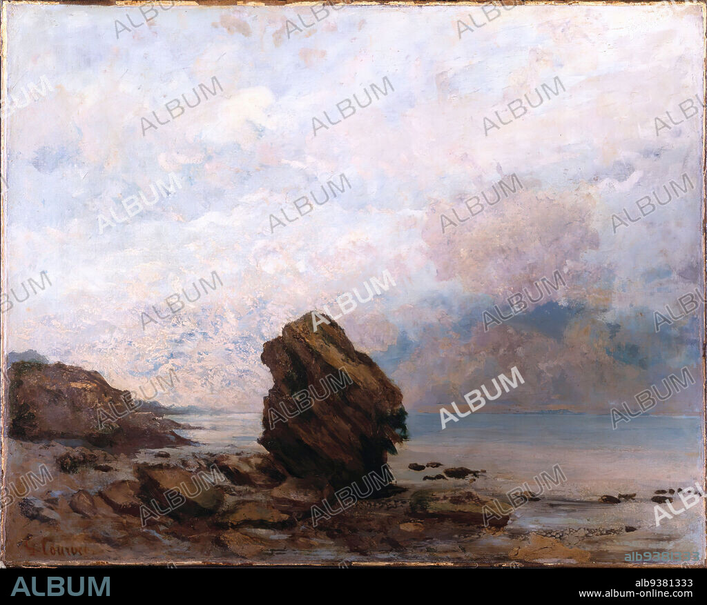 Isolated Rock, Le Rocher isolé, Gustave Courbet, French, 1819-1877, Oil on canvas, France, ca. 1862, 25 1/2 x 32 in., 64.8 x 81.3 cm, alone, beach, blue sky, Boudin, boulder, ca. 1862, canvas, clowds, Courbet, European, French painter, Havemeyer, heroic, horizon, isolate, late 19th century painting, monumental, Normandy, oil, palette knife, rock, rocks, sea, seascape, sky, sublime, x-ray, xray.