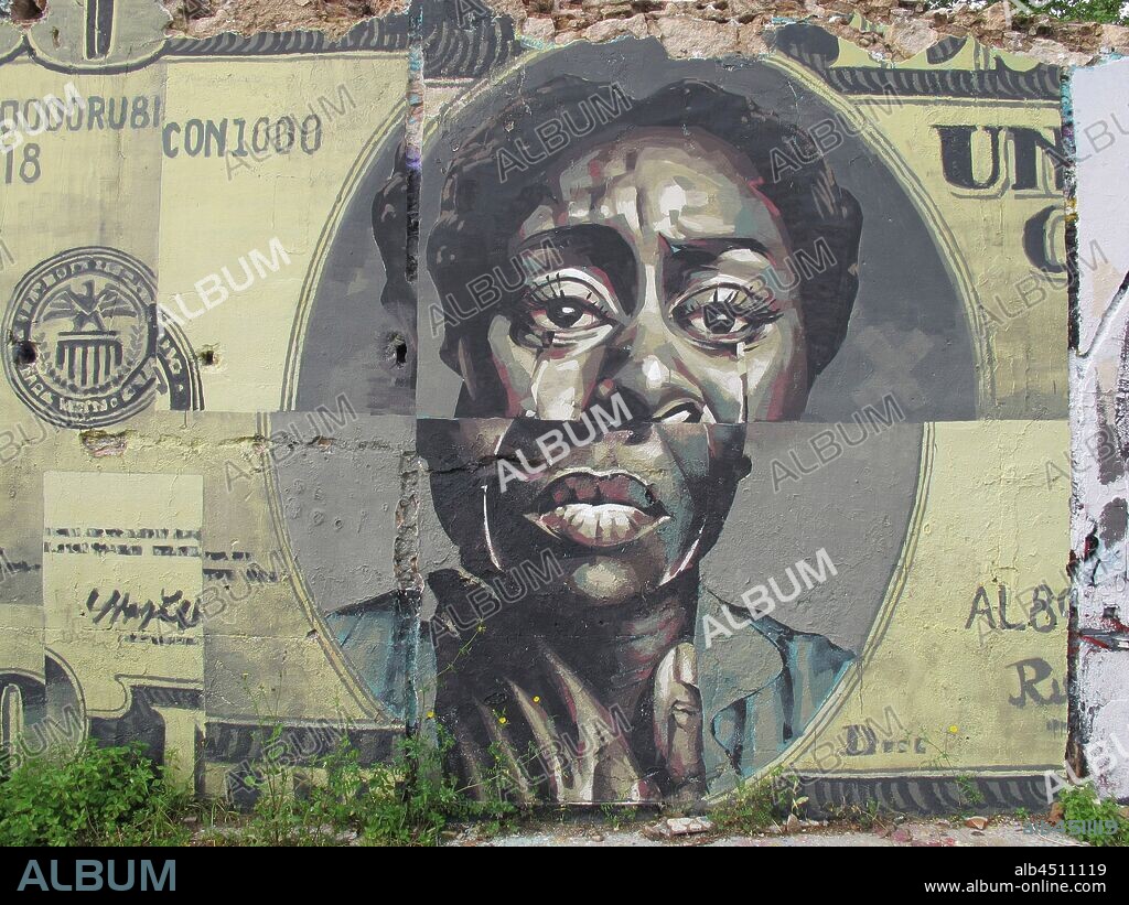 Rostro de mujer negra con billete de dólar de fondo sobre pared, graffiti mural. Barcelona, barrio Distrito de Sant Martín; 2018; Cataluña.