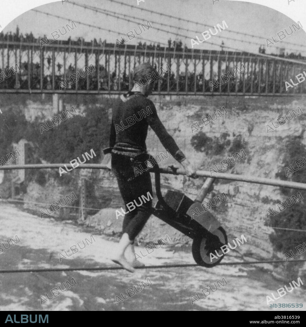 Charles Blondin (born Jean FranÃ§ois Gravelet, February 28, 1824 - February 22, 1897) was a French tightrope walker and acrobat, called the "Chevalier Blondin", or simply "The Great Blondin". At the age of five he was sent to the Ã‰cole de Gymnase at Lyon and, after six months training as an acrobat, made his first public appearance as "The Boy Wonder". His superior skill and grace, as well as the originality of the settings of his acts, made him a popular favorite. He is most remembered for crossing the Niagara Gorge (located on the Canada- US border) on a tightrope, 1,100 feet long, 3.25 inches in diameter and 160 feet above the water, near the location of the current Rainbow Bridge. He first accomplished this on June 30, 1859, and a number of times thereafter, always with different theatrical variations: blindfolded, in a sack, trundling a wheelbarrow, on stilts, carrying a man (his manager, Harry Colcord) on his back, sitting down midway while he cooked and ate an omelet and standing on a chair with only one chair leg on the rope. Blondin died of diabetes in 1897, at the age of 73.