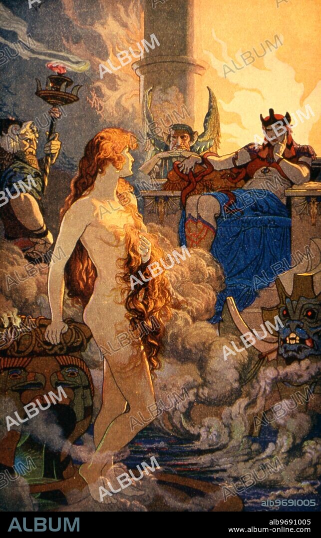 Babylonian Mythology. Ishtar in Hades , before the King of Hell . At each of the gates of Hell she had been divested of her ornaments and finally her clothing . After a painting by Wallcousins in ' Myths of Babylonia ' by Mackenzie , 1923.