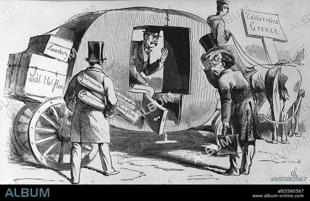 Bismarck, Otto von; Staatsmann; 1815-98. "Rechberg (aussteigend). Nun, ich bin schon zu weit mit Ihnen gegangen und werde jetzt aussteigen. (...) ". (Karikatur auf die Ablösung Joh. Bernh. v. Rechbergs durch Alex. Mensdorff-Pouilly als österr. Min. des Äußeren am 24.10.1864). Holzstich nach Wilhelm Scholz (1824-93). Aus: Kladderadatsch, 6.11.1864.