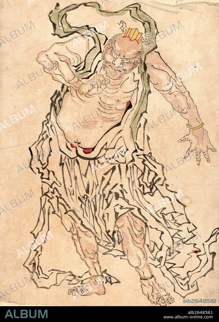 Niozo [ungyo], Buddhist gate guardian Ungyo., [between 1804 and 1844], 1 drawing : ink and light colors ; 37.5 x 27.2 cm., Drawing shows Ungyo, the Buddhist nio protector or temple guard with mouth closed, full-length portrait, standing, facing front; (companion god to Agyo, the open-mouthed nio protector).