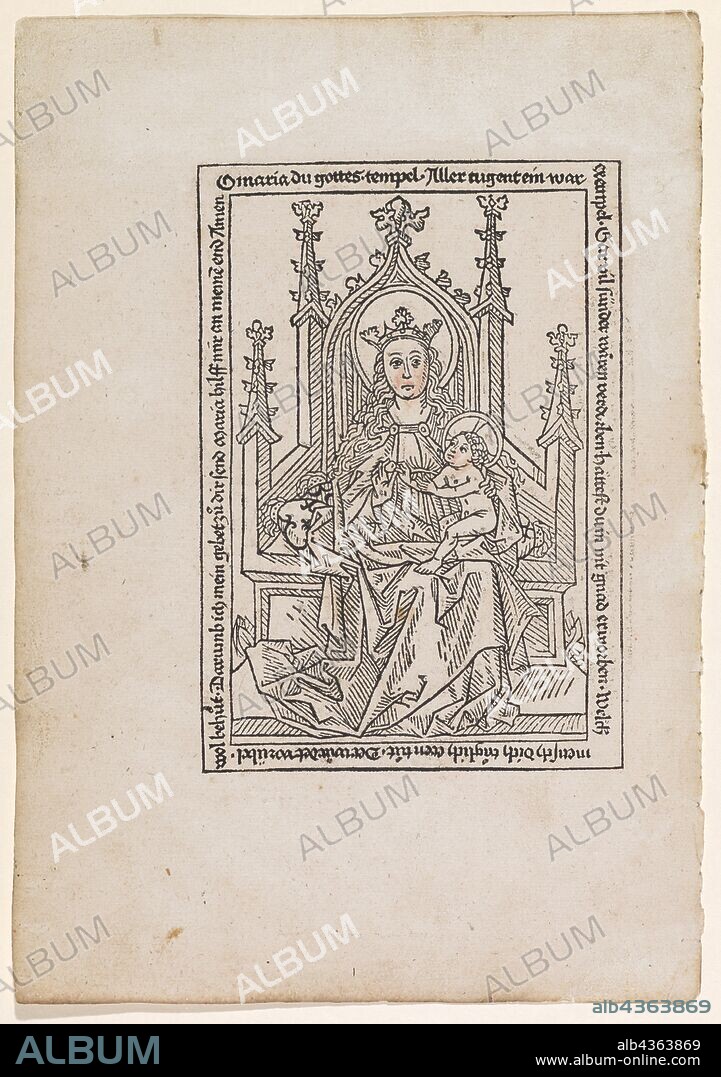Enthroned Virgin Mary with Child, 2nd half of the 15th century, woodcut, partially colored, page: 30.5 x 21.4 cm |, Picture: 18.8 x 13 cm, inscribed: O maria du gottes., temple., All tugent a, was., Gar vil sinners would be spoiled., would you have bought in nit gnad., Which one does you do?, He would guard against evil., Darumb I send my prayer to you Maria help me to my end Amen, Anonym, Süddeutschland (Augsburg), 2. Hälfte 15. Jh.