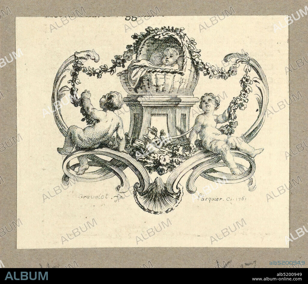Cherubs Flanking Baby in Basket, Gravelot, French, 1699 - 1773, active in England, Jacques Jean Pasquier, French, died 1785, Etching on paper, France, 1761, Print, Print.