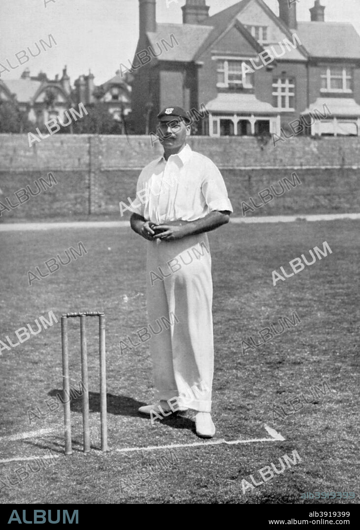 Fred Tate, Sussex and England cricketer, c1899. Fred Tate (1867-1943) was an off-spin bowler who played for Sussex from 1887 until 1905, taking a total of 1331 first-class wickets. He made one Test match appearance, against Australia at Old Trafford in 1903, when England famously lost by just 3 runs to lose the series and the Ashes. A print from The Book of Cricket, a Gallery of Famous Players, edited by CB Fry, George Newnes Ltd, London, c1899.