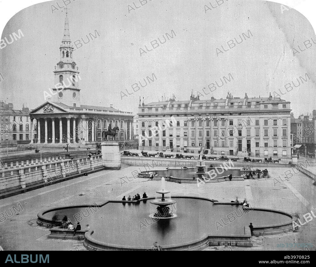 A view eastwards across Trafalgar Square, London, c1850. The fountains can be seen in the foreground with the equestrian statue of George IV, Morley's Hotel and the church of St Martin in the Fields beyond. A line of cabs await their fares.