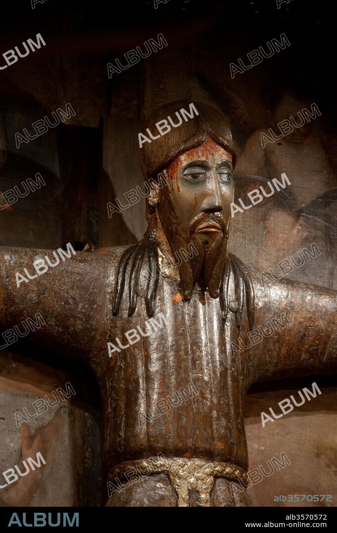 "Majestad de Beget" (detalle), Siglo XII, Escultura (Madera de nogal policromada), 207 x 196 cm, Iglesia de San Cristóbal de Beget.