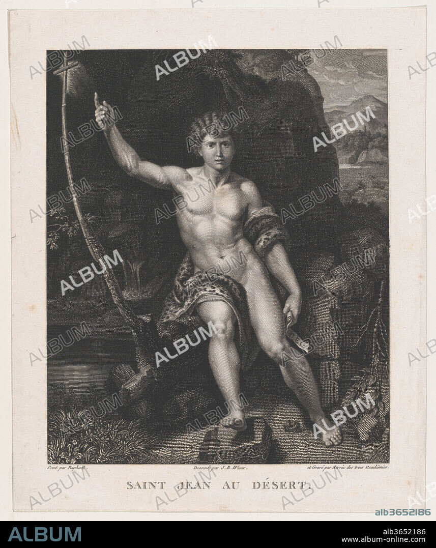 Saint John the Baptist in the Desert. Artist: After Raphael (Raffaello Sanzio or Santi) (Italian, Urbino 1483-1520 Rome). Dimensions: Sheet: 11 × 9 in. (28 × 22.8 cm). Draftsman: Jean-Baptiste Joseph Wicar (French, Lille 1762-1834 Rome). Engraver: Charles Clément Bervic (French, Paris 1756-1822 Paris). Series/Portfolio: Tableaux, statues, bas-reliefs et camées de la galerie de Florence et du palais Pitti. Date: 1791.