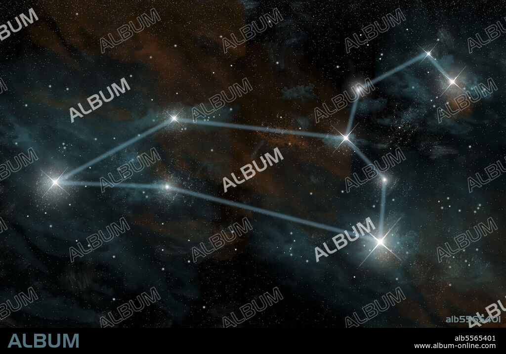 An artist's depiction of the constellation Leo the Lion. The constellation includes the stars Denebola, Zosma, Algieba, Ras Elased, and Regulus. Leo is one of the twelve astrological signs of the Zodiac.