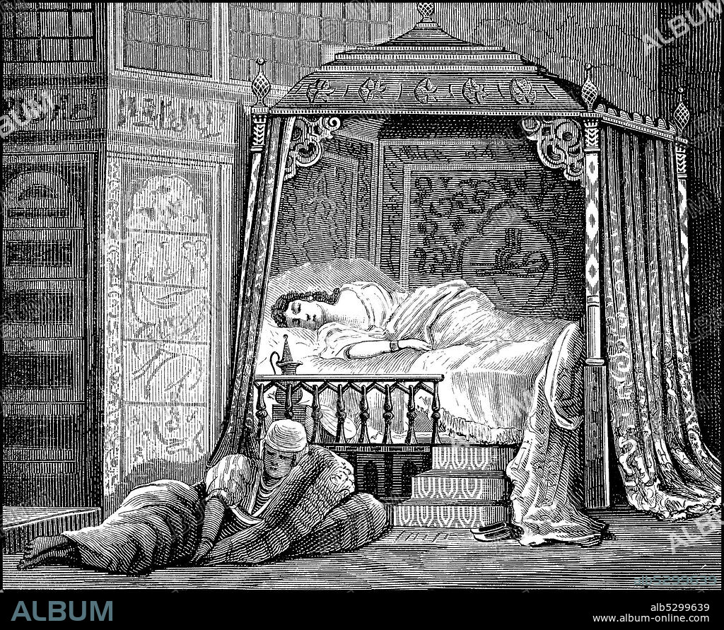 In the bedroom of a Kadine, Sultan woman in the harem, with Guardian, Arabia, women in the 19th century  /  Im Schlafgemach einer Kadine, Sultansfrau im Harem, mit Wächterin, Arabien, Frauen im 19. Jahrhundert, Historisch, historical, digital improved reproduction of an original from the 19th century / digitale Reproduktion einer Originalvorlage aus dem 19. Jahrhundert.