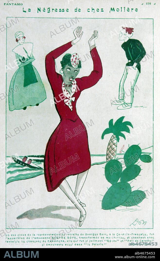 La negresse de chez Moliere. Berthe BOVY (1887-1977) a la representation de retraite de Georges BERR a la Comedie Francaise . Caricature par DON pour Fantasio de 1926. Credit Collection Kharbine Tapabor.