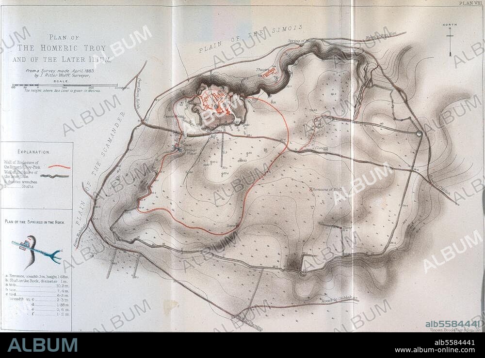 ANONYM. Troja (Türkei). "Plan of the Homeric Troy and of the Later Ilium" (Nach den Ausgrabungen 1882 durch Heinrich Schliemann, Planaufnahme 1883 durch I. Ritter Wolff). Lithographie. Aus: Heinrich Schliemann, Troja, Results of the latest Researches, London (John Murray) 1884.