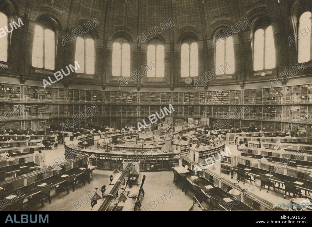 'Reading Room of the Great Library at the British Museum seen from the Entrance', c1935. The circular Reading Room of the British Museum in central London was designed by Sydney Smirke (1798-1877). Construction began in 1854 and was completed in 1857. The Reading Room used to be the main reading room of the British Library. Famous users include Karl Marx, Lenin, Ghandi, Oscar Wilde, Rudyard Kipling and Virginia Woolf. From "Wonderful London, Volume 3", edited by Arthur St John Adcock. [The Fleetway House, London, c1935].