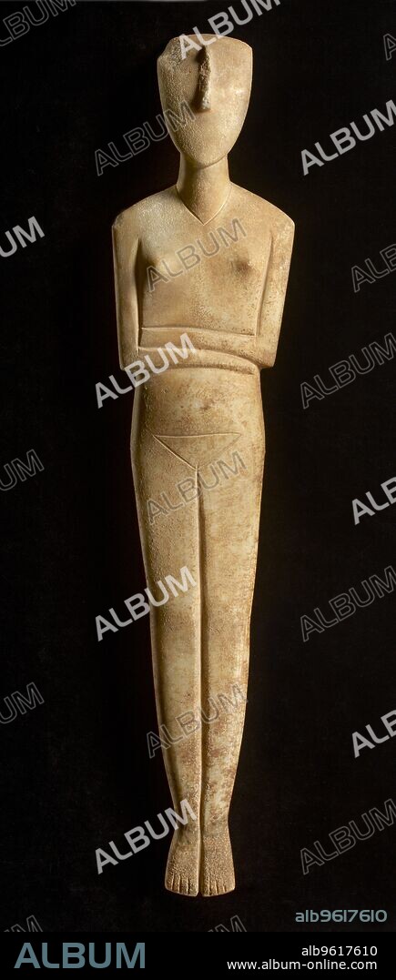 Figurine, Early Cycladic II Period, c2800-c2300 BC. Cycladic female figurine of the folded arm type; it combines elements of Spedos and Dokathismata varieties; among the ten largest Cycladic figurines in the world. Dimensions: height: 75.9 cmweight: 7000 g estimated.