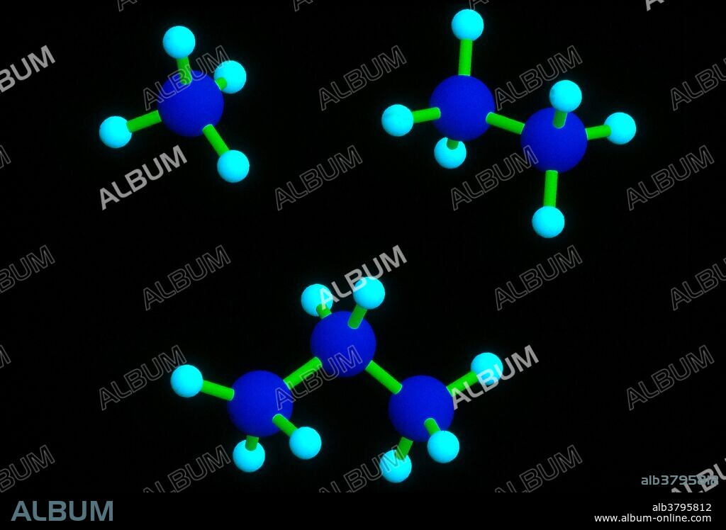 Computer model of Alkane molecules. Clockwise from top left: Methane, Ethane, Propane. Carbon = Blue; Hydrogen = Cyan.