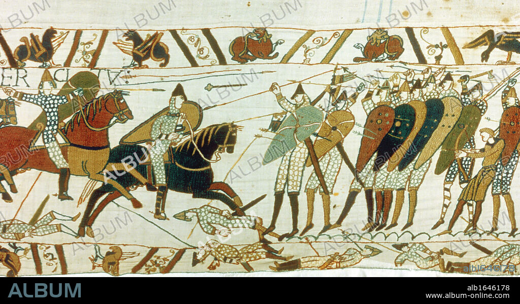 Bayeux Tapestry 1067. Battle of Hastings, 14 October 1066. Anglo-Saxon (English) foot soldiers defend themselves with wall of shields against Norman cavalry. Men lie dead and wounded. Invasion Lance Axe Arrow Bow Textile Linen.