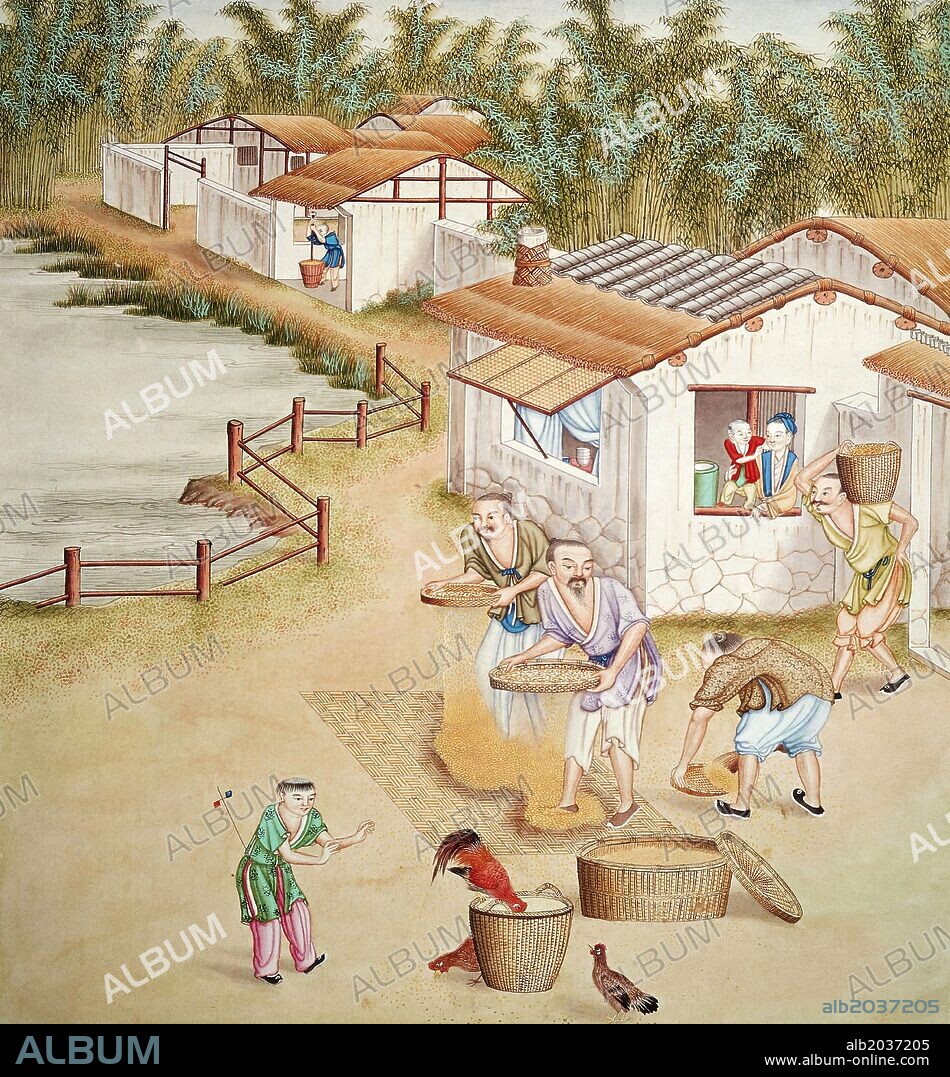 'Chinese farmers sieving rice'. 19th century, Watercolour.