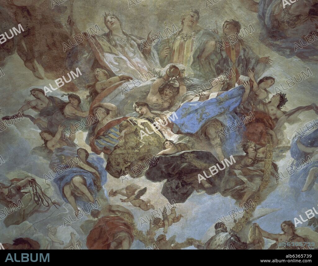 LUCA GIORDANO. DETALLE DE LOS FRESCOS DE LA BOVEDA - HISTORIA DEL TOISON DE ORO - 1699 - ALEGORIA DE LA MONARQUIA - BARROCO ITALIANO.