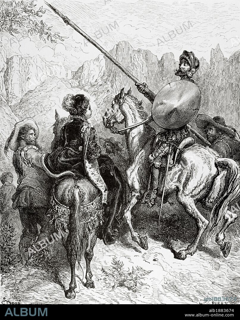 PAUL GUSTAVE DORÉ. LITERATURA CASTELLANA. "EL INGENIOSO HIDALGO DON QUIJOTE DE LA MANCHA". Obra escrita por Miguel de CERVANTES SAAVEDRA 1547-1616). "DON QUIJOTE, SANCHO Y LA PRINCESA DOROTEA". Grabado de Gustavo DORE (I,29) .