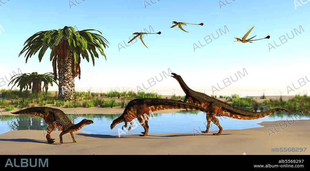 Plateosaurus dinosaurs, Eudimorphodon reptiles and Bjuvia trees surround a watering hole during the Triassic period.
