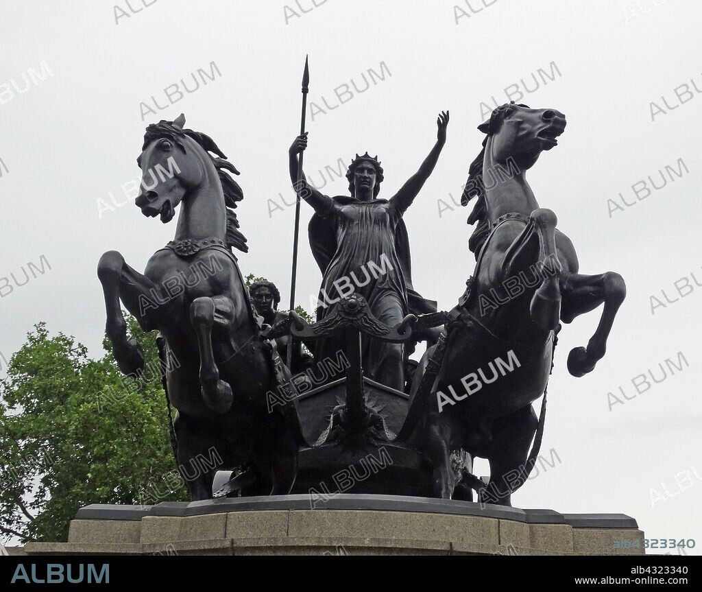 Boadicea and Her Daughters, a bronze sculptural group in London, featuring Boudicca, queen of the Celtic Iceni tribe, who led an uprising in Roman Britain. It is located at Westminster Bridge, London. By English artist and engineer Thomas Thorneycroft.