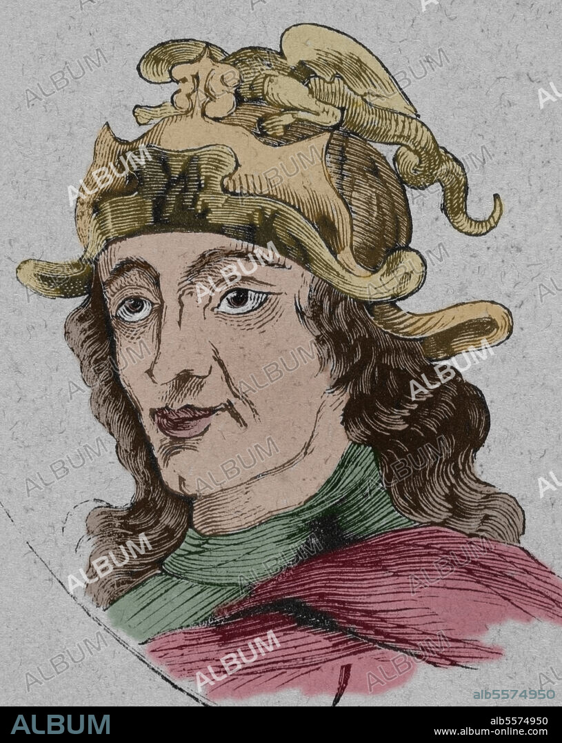 García II (ca.1041-1090). King of Galicia (1065-1071) and (1072-1073). Portrait. Engraving. Later colouration. Las Glorias Nacionales. Volume II, Madrid-Barcelona edition, 1853.