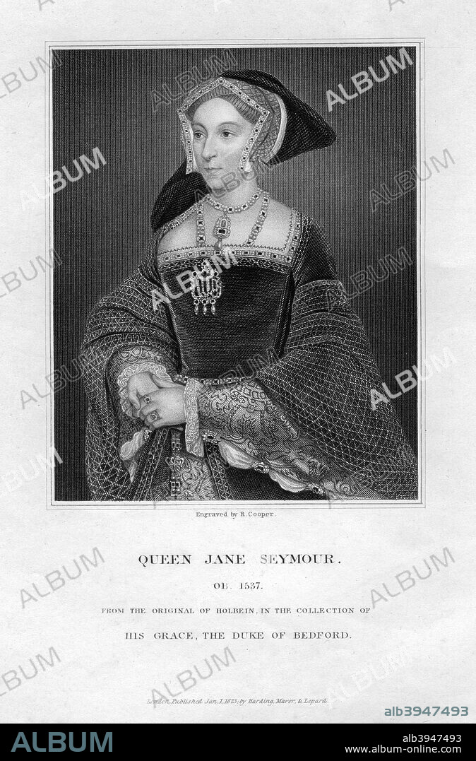 Jane Seymour, third wife and Queen of Henry VIII of England, (1823). Jane Seymour (c1509-1537) married Henry the day after the execution of the king's scond wife, Anne Boleyn. She was queen for less than two years, dying of puerperal fever, twelve days after giving birth to Henry's longed-for son, who later became Edward VI. After a portrait by Hans Holbein.