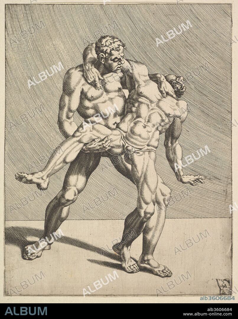 Wrestlers, from Wrestlers, plate 3. Artist: Dirk Volckertsz Coornhert (Netherlandish, Amsterdam 1519/22-1590 Gouda); After Maarten van Heemskerck (Netherlandish, Heemskerck 1498-1574 Haarlem). Dimensions: Sheet: 9 3/4 x 76 3/8 in. (24.8 x 194 cm). Series/Portfolio: Wrestlers. Date: 1552.