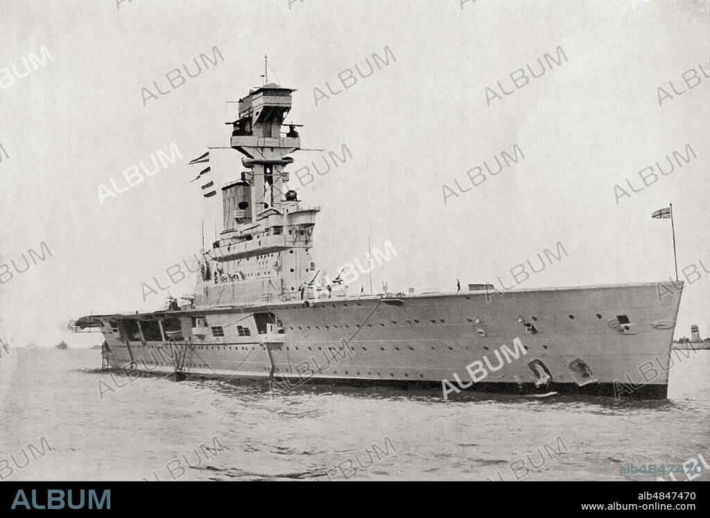 HMS Hermes, a British aircraft carrier built for the Royal Navy, the world's first ship to be designed as an aircraft carrier, she was sunk by Japanese aircraft, 9 April 1942.  From The Book of Ships, published c.1920.