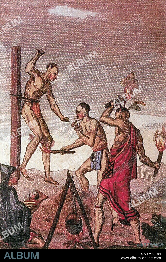 Image from the Biblioteca Arcaya. The fate of prisoners of war depended on the customs of their captors and was specific to the local culture of each tribe. Captive adults might be killed, while children were, most of time, kept alive and adopted. An iroquois prisoner is being burnt with torches. Captives were expected to show self-control and composure. The torture was conducted publicly in the captors' village. Common torture techniques included burning, cuts from knives, beatings with switches and jabs from sharp sticks. Fingers were broken, then twisted and yanked by children. Captives were scalped alive and made to eat pieces of their own flesh. To make the torture last longer, they would revive captives with rest periods during which time they were given food and water. The execution of an adult male, could take several days and nights.