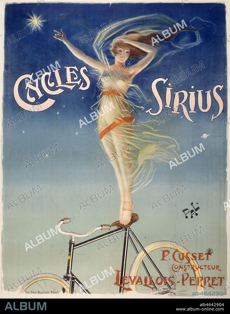 Affiche publicitaire vers 1898 pour la marque des "cycles Sirius. P. Cusset, constructeur à Levallois-Perret." illustration PAL (1860-1942). Credit Coll. GalDoc-Grob/Kharbine-Tapabor.