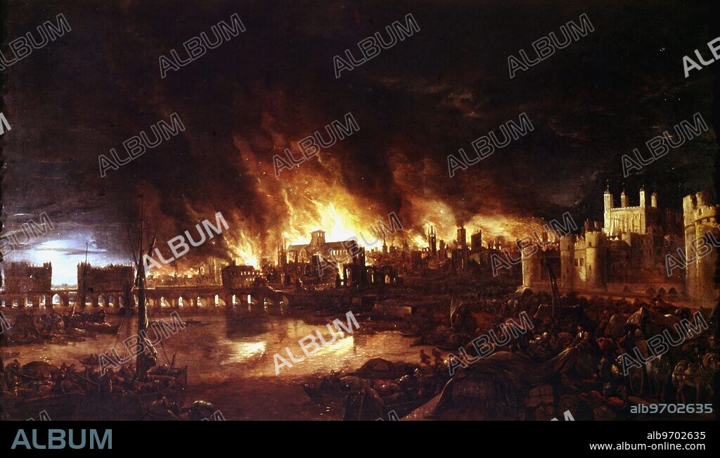 Detail of painting from 1666 of the Great Fire of London by an unknown Dutch artist, depicting the fire as it would have appeared on the evening of Tuesday 4 September from a boat in the vicinity of Tower Wharf. The Tower of London is on the right and London Bridge on the left, with St. Paul's Cathedral in the distance, surrounded by the tallest flames. ©TopFoto.