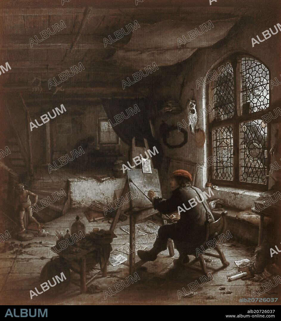 ADRIAEN VAN OSTADE (1610-1685). EL PINTOR EN SU ESTUDIO - 1663 - 38x35,5 cm.