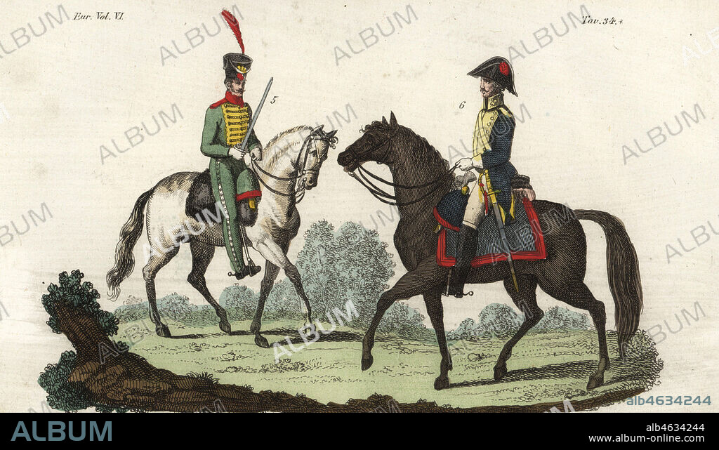 Uniforms of the Spanish Army, 1800s. Spanish light cavalryman 5 and heavy cavalryman 6. Cavaleria Spagnola. Handcoloured copperplate engraving after Giulio Ferrario in his Costumes Ancient and Modern of the Peoples of the World, Il Costume Antico e Modern o Story, Florence, 1829.