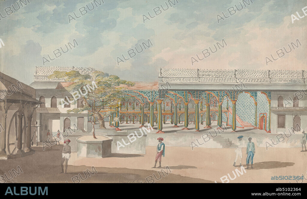 Tipu Sultan's Summer Palace, Lieutenant James Hunter, died 1792, British, 1792, Watercolor, graphite, pen and brown ink, red ink, gray ink, and blue/green ink on moderately thick, moderately textured, blued white, laid paper, Sheet: 11 9/16 × 18 13/16 inches (29.3 × 47.8 cm), architectural subject, columns, courtyard, figures, palace, soldiers, tree, Bangalore, India.