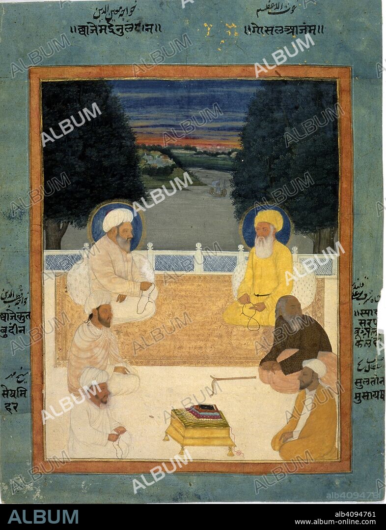 Sufi saints. c.1760. Six Sufi saints seated on a terrace; Khvaja Mu'in al-Din, Ghaus al-A'zam, Khvaja Qutb al-Din, Shaikh Mihr, Shah Sharaf Bu 'Ali Qalandar and Sultan Musa Shaikh. Opaque watercolour and gold.  Originally published/produced in c.1760. . Source: Add.Or.4473,.