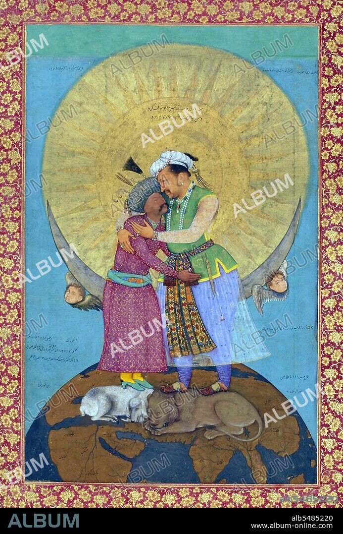 Jahangir (Hindi: ????????? ???? ??????? Urdu: ???? ??????? ????????Persian: ???????? ???? ???????) (full title: Al-Sultan al-'Azam wal Khaqan al-Mukarram, Khushru-i-Giti Panah, Abu'l-Fath Nur-ud-din Muhammad Jahangir Padshah Ghazi [Jannat-Makaani]) (20 September 1569 – 8 November 1627) was the ruler of the Mughal Empire from 1605 until his death in 1627. Shah ‘Abbas the Great (or Shah ‘Abbas I) (Persian: ??? ???? ????) (January 27, 1571 – January 19, 1629) was Shah (king) of Iran, and generally considered the greatest ruler of the Safavid dynasty. The painting shows Emperor Jahangir of India and Shah Abbas of Persia embracing and is an allegorical representation of the friendship between the Mughal and Safavid empires. Both figures stand atop the world (symbolizing their power) and a lion and lamb lying together (symbolizing peace). The halo behind the two figures that is suspended by cherubs as well as the vivid floral patterns in the borders reveal the influence of European artistic motifs in Mughal painting during the reign of Jahangir.