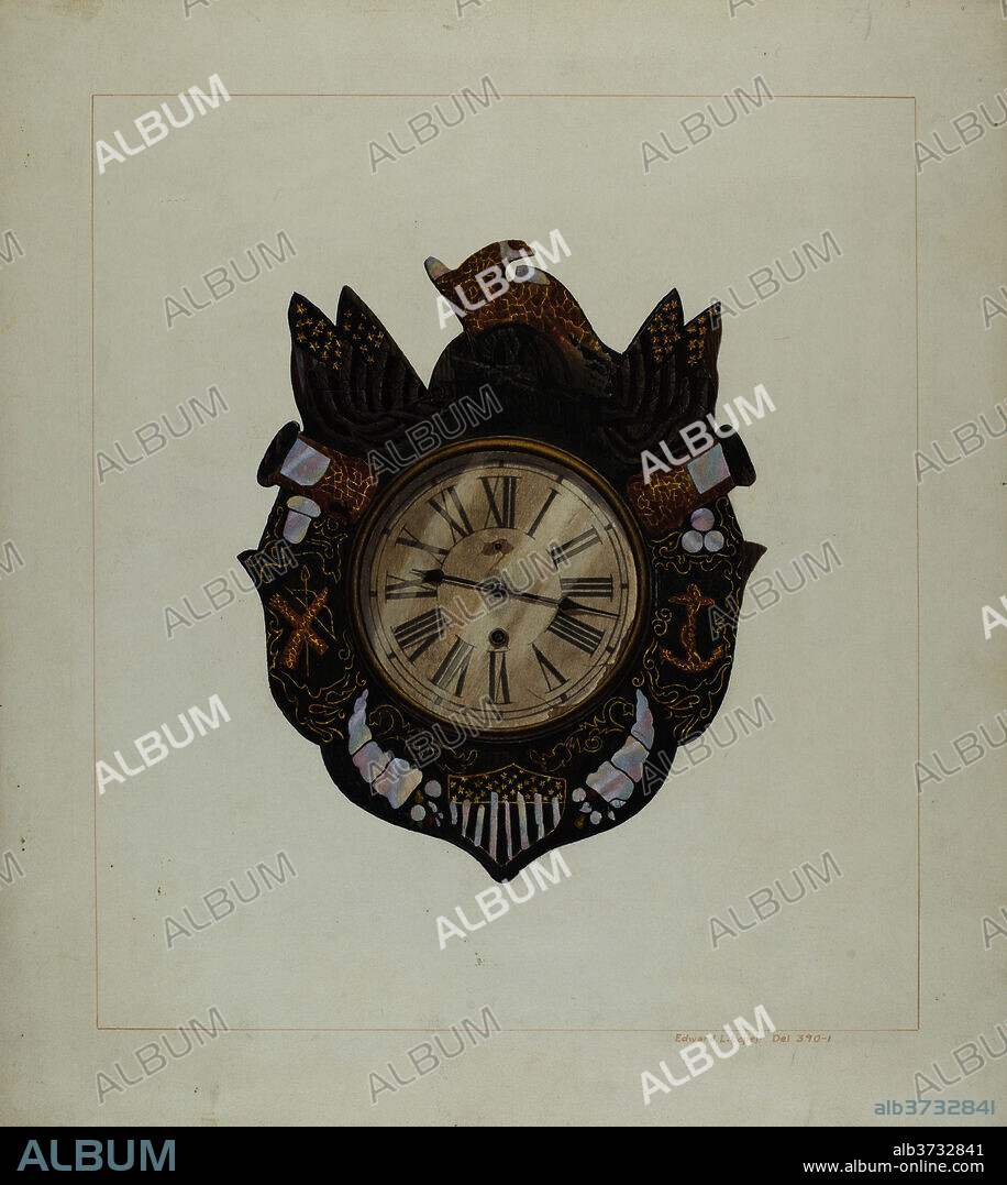 EDWARD L. LOPER. Eight Day Marine Clock. Dated: c. 1938. Dimensions: overall: 35.6 x 31.8 cm (14 x 12 1/2 in.)  Original IAD Object: 20 x 16 x 3 1/2 inches. Medium: watercolor, colored pencil, pen and ink, and graphite on paperboard.