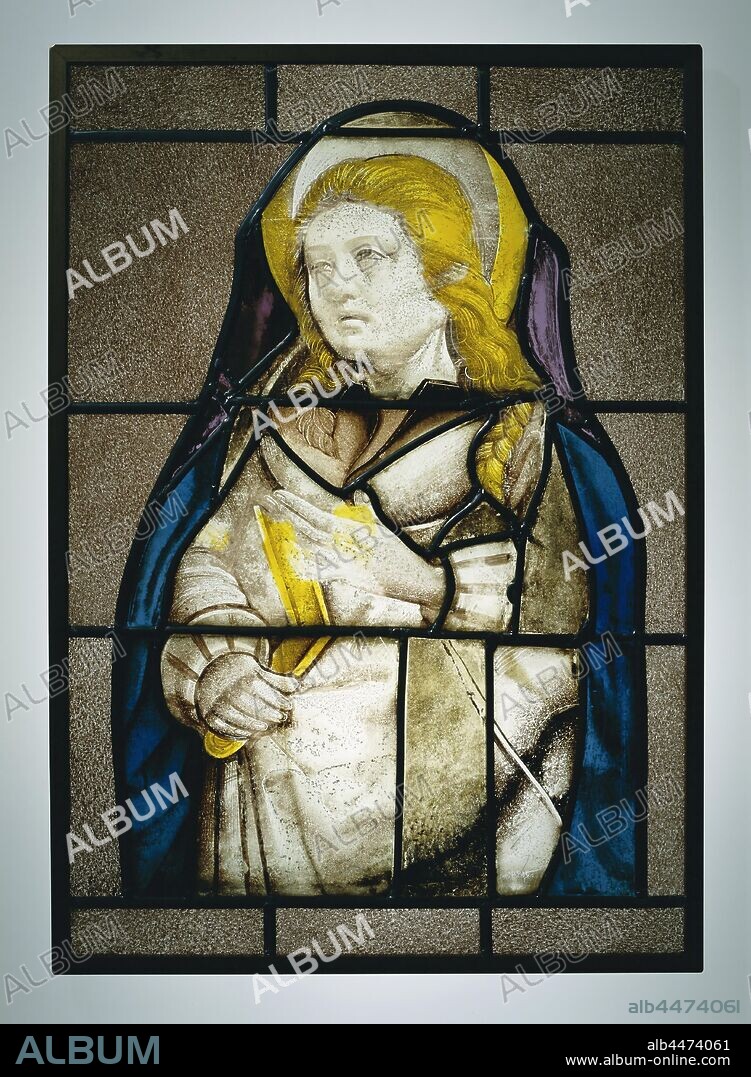 Square with a saint with aureole, Saint with aureole around his head, a closed book under the right arm, the linder arm is protrudingly protruded. The long hair ends in a braid., anonymous, Northern Netherlands, c. 1515, glass, silver stain, h 66.0 cm × w 43.0 cm.