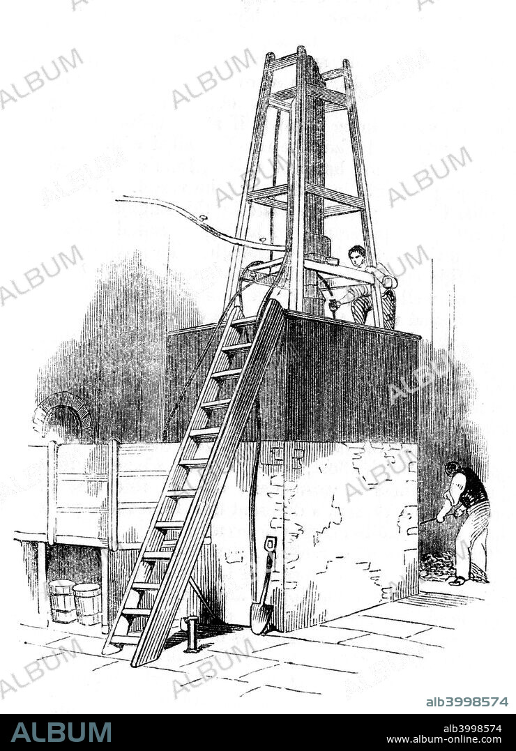 Platinum still for concentrating sulphuric acid (Oil of Vitriol or H2S04), 1844. The view shown here was at the Felling Chemical Works, Newcastle-upon-Tyne.  From British Manufacturers by George Dodd. (London, 1844).