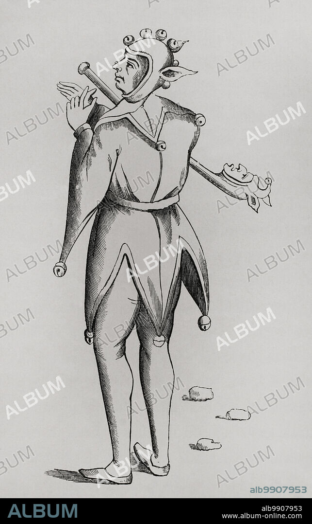 Buffoon holding a puppet beneath his arm. Engraving based on a miniature from a 15th-century manuscript. Sciences & Lettres au Moyen Age et à l'époque de la Renaissance. Paris, 1877.