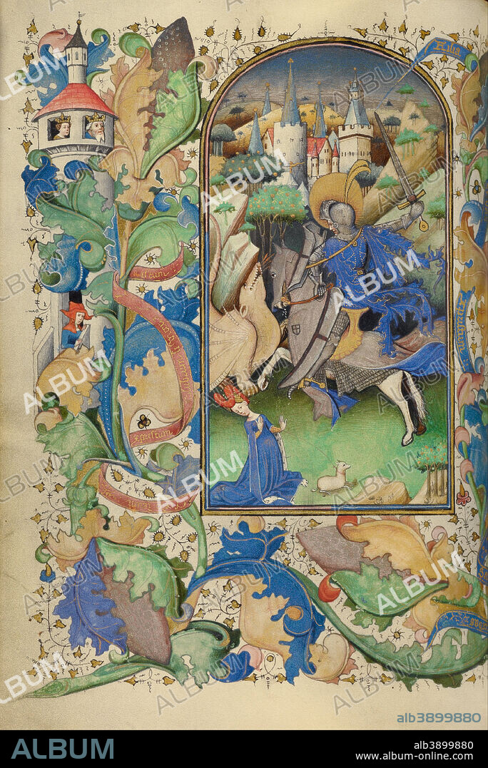 MASTER OF GUILLEBERT DE METS. Saint George and the Dragon. Date/Period: Ca. 1450 - 1455. Folio. Tempera colors, gold leaf, and ink on parchment. Height: 194 mm (7.63 in); Width: 140 mm (5.51 in).