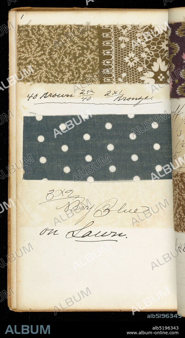 Printer's sample book, Old Pacific Print Works, (Lawrence, MA, USA), Medium: leather, paper, cotton and wool Technique: printed plain weave and 2/2 twill, Small notebook with handwritten formulas for dyestuffs to be used for printing textiles. Contains 195 samples of printed fabric. Inside cover pasted with newspaper clippings., Lawrence, Massachusetts, USA, 188283, sample books, Printer's sample book.